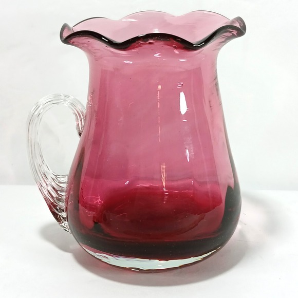 Other - Vintage Cranberry Glass Pitcher Ruffled Rim Clear Applied Handle 4.25 inch